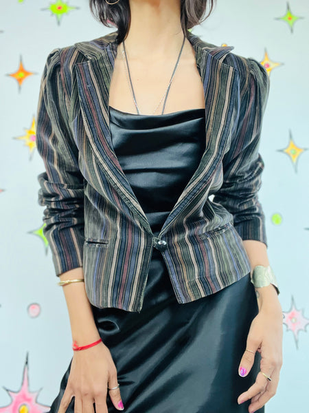 Y2K Velvet Striped Fitted Blazer Whimsy Goth Boho Fairy Grunge Vintage S/M