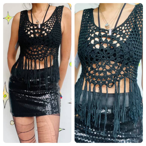 Y2K 60s 70s style Black Crochet Fairy Grunge Hippie Cottage Core Top | Free Size