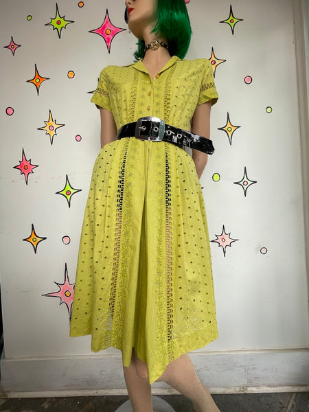 Vintage 50s Chartreuse Fit and Flare Dress | Pin Up Twirl Dress with Full Skirt M