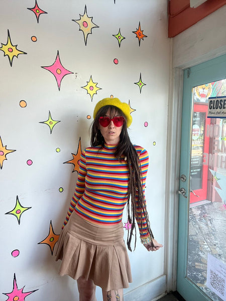Rainbow Ribbed Turtleneck Clowncore Retro Mod 60s Y2K Colorful Stretch Top XS
