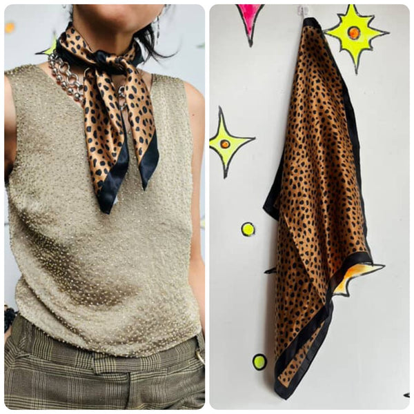 Vintage Gold & Black Leopard Print Silk Scarf – 100% Silk – 20" Square