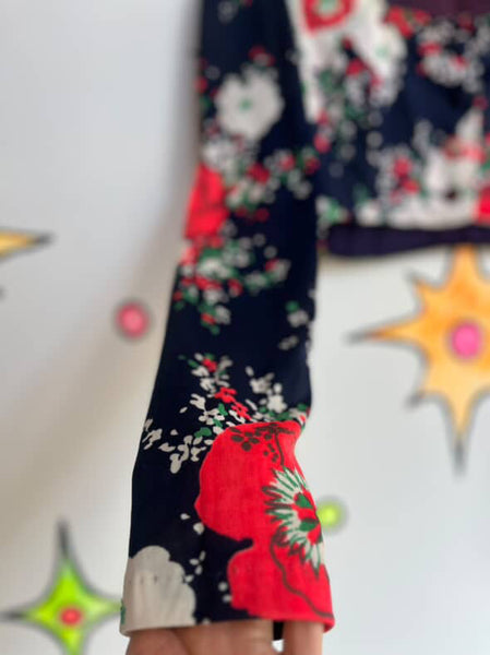 Groovy 60s/70s Navy Floral Crop Top Bolero - Long Sleeve Vintage Charm