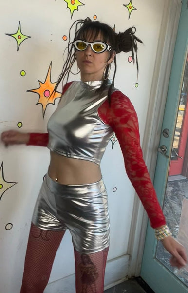 Metallic Silver Galactic Glam Shorts | Y2K Space Disco Hot Pants Party Rave M/L