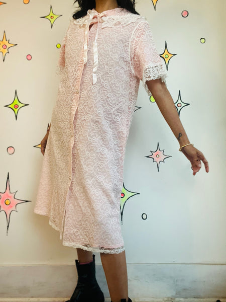 Vintage White Lace Pink Robe Victorian Romantic Babydoll Pegnoir Bed Jacket S/M