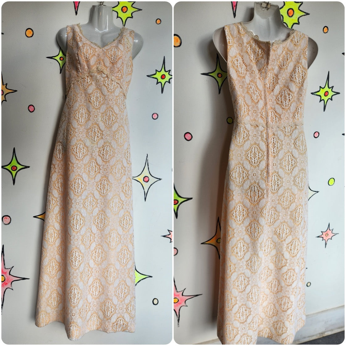 Vintage 1960s 70s | Peach and White Lace Maxi Dress | Small 6