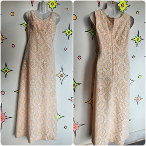 Vintage 1960s 70s | Peach and White Lace Maxi Dress | Small 6