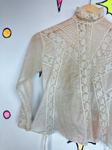 Antique 1900s Off White Sheer Lace Romantic Babydoll Steampunk Top Blouse XS