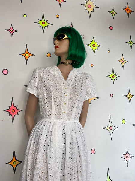 1950s Nelly Don White Lace Rockabilly Midi Dress Collared Vintage S