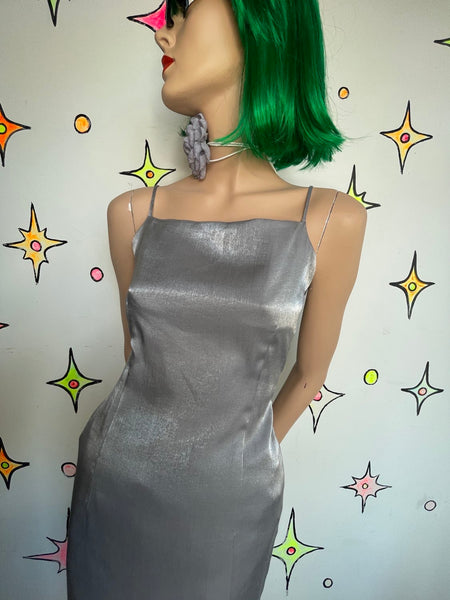 90s Silver Metallic Glam Maxi Dress Side Slit Fairy Grunge Prom Slip Gown S