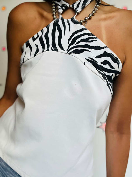 Vintage Y2K | Zebra Print Fairy Grunge Indie Sleaze Halter Top | XL | Bratz Vibe