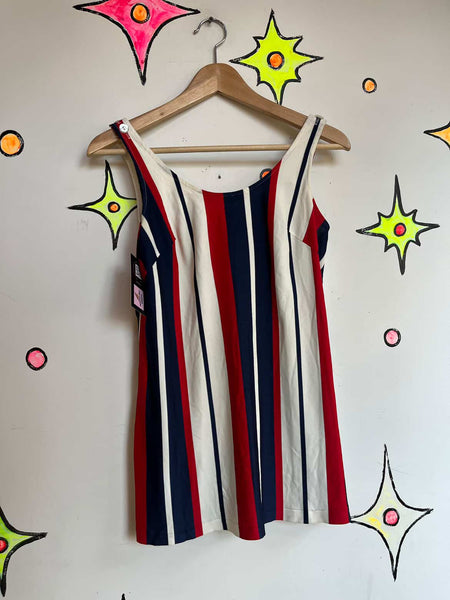 60s 2 piece Swimsuit Set Red White and Navy Nautical - Gidget - Playsuit - Small