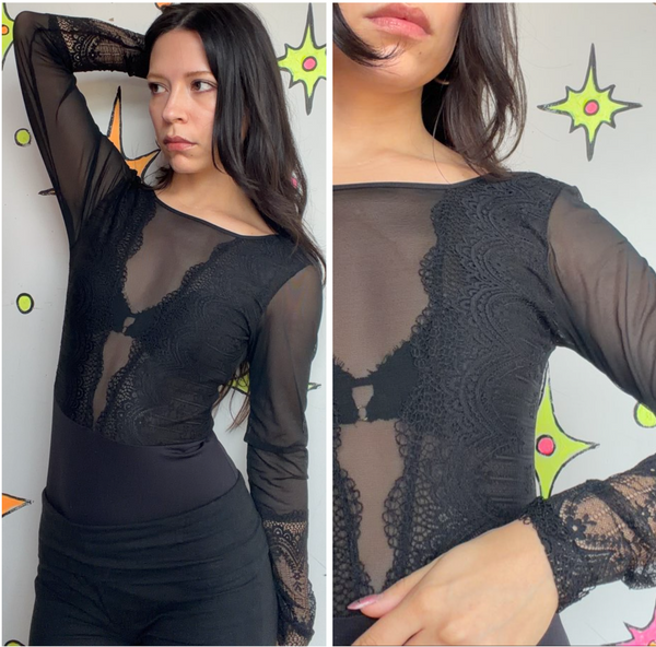 Vintage Sheer Black Lace Bodysuit Gothic Romantic Lingerie Goth Grunge S
