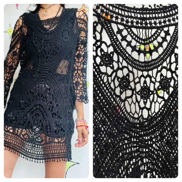 Vintage Black Crochet Mini Dress / Top – Open Back Whimsy Goth Boho Grunge – S M