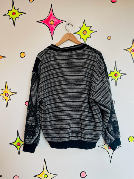 Vintage 90s Y2K Coogi-Style Boho Grunge Cardigan Sweater – Gray & Black - S