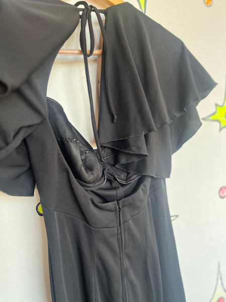 Vintage 1970s Black Ruffled Disco Jumpsuit | Glam Flare Party Catsuit | Small