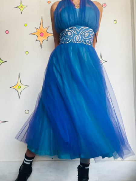 Vintage 50s Blue Tulle Fit & Flare Halter Party Dress Fairy Princess Prom Gown S