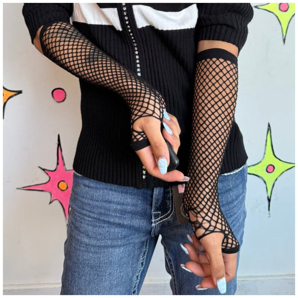 Black Fishnet Gloves | Goth Punk Y2K Mesh Fingerless Gloves