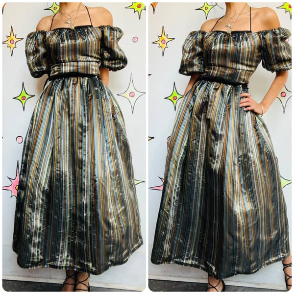 Vintage 80s Silver & Gold Poofy Princess Party Glam Prom Dress w Velvet Belt – S