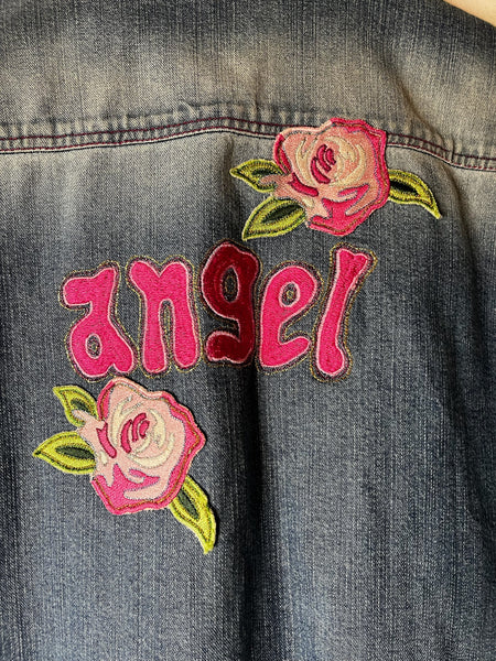 Vintage Y2K Embellished Denim Jean Jacket | ANGEL Roses Patches | Coquette | S
