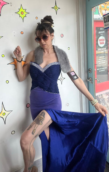 90s Y2K Royal Purple Sweetheart Ruched High Slit Rhinestone Maxi Prom Dress XS/S