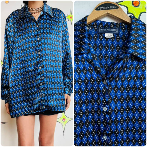90s Y2K Harlequin Clowncore Blue & Black Long Sleeve Blouse – Size L (16W)