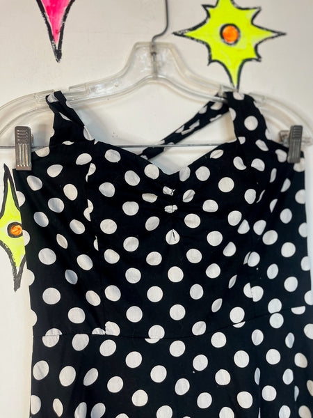 Vintage Retro 50s Style Black & White Polka Dot Halter Fit & Flare Swing Dress | L