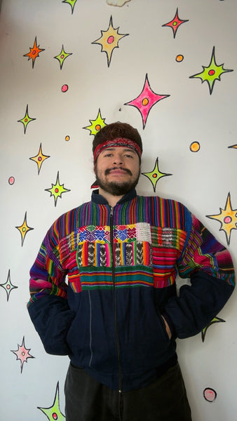 Vintage 80s 90s | Rainbow Patchwork Guatemalan Boho Grunge Bomber Jacket | XL