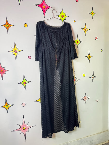 Vintage 70s Black Sheer Lace Night Robe – Scalloped Boho Grunge Whimsy Goth M