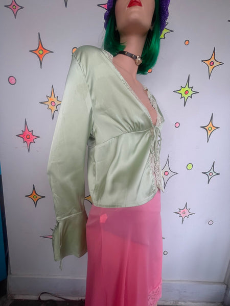Green Satin Lace Layering Top Fairy Grunge Babydoll Lingerie Style S/M