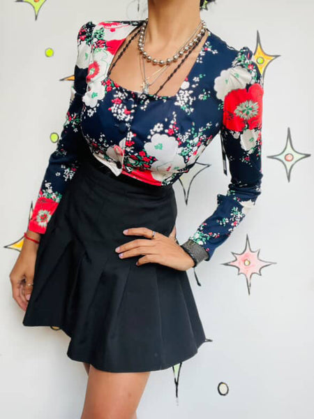 Groovy 60s/70s Navy Floral Crop Top Bolero - Long Sleeve Vintage Charm