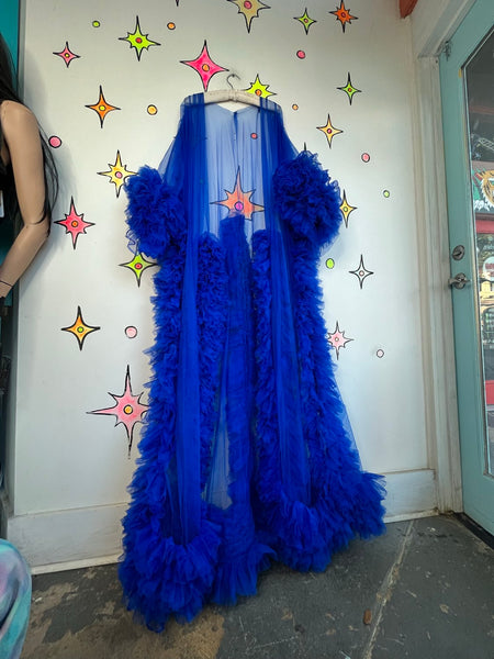 Old Hollywood Decadent Blue Chiffon Ruffle Robe – Sheer Lingerie Boudoir Glam