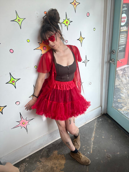 Crimson Red Tulle Tutu Mini Skirt Babydoll Dollcore Retro Pin-Up Separate S