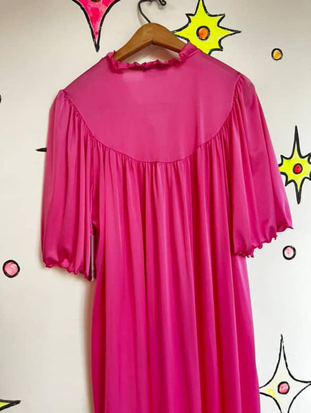 Vintage 60s 70s Babydoll Grunge Pink Nylon Nighty Robe w Bow