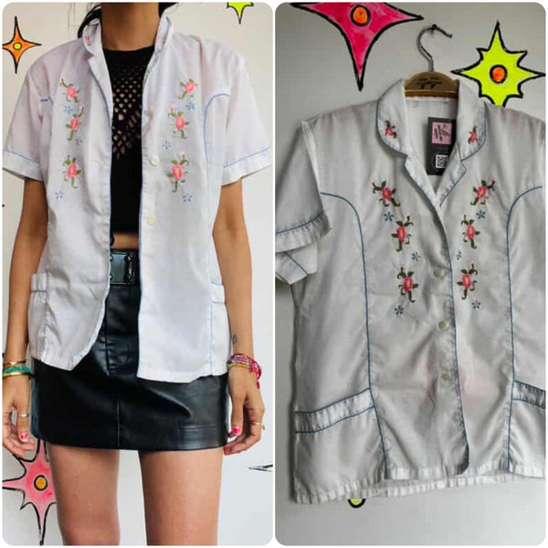 Vintage 70s White Embroidered Pajama Top - Nancy Nightmare on Elm Street Style - S