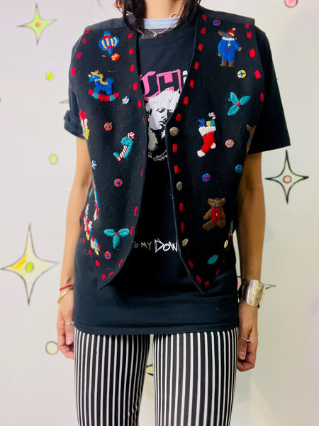 Vintage 80s 90s Patchwork Embellished Ugly Christmas Sweater Xmas Party Vest – M