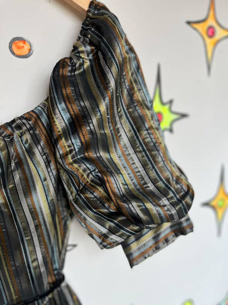 Vintage 80s Silver & Gold Poofy Princess Party Glam Prom Dress w Velvet Belt – S