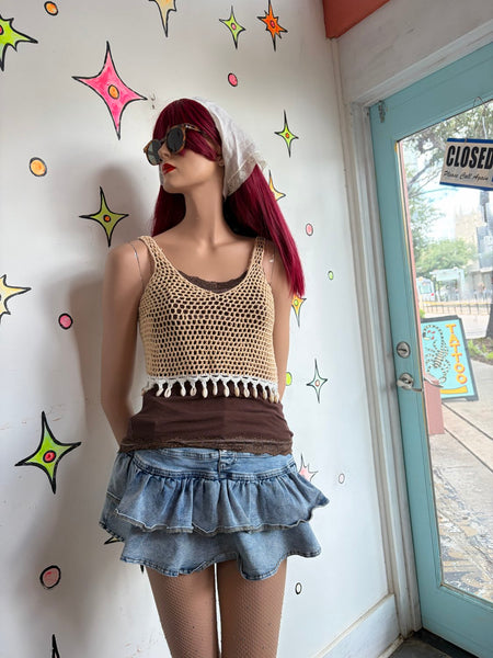 90s Beige Crochet Mermaidcore Crop Top Embellished Shells Fairy Grunge Boho S