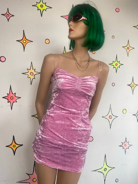 Y2K Urban Outfitters Pink Crush Velvet Mini Dress Pastel Kawaii Bodycon Slip XS