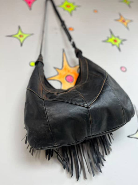 Vintage Black Leather Fringe Crossbody Bag Grunge Rock n Roll Boho Concho Purse