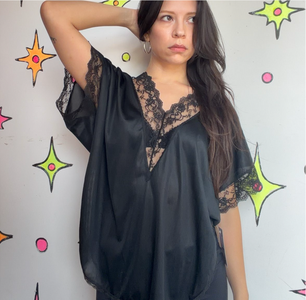 Vintage 70s 80s Black Nylon Lingerie Blouse Boudoir Goth Romantic Layering Top L