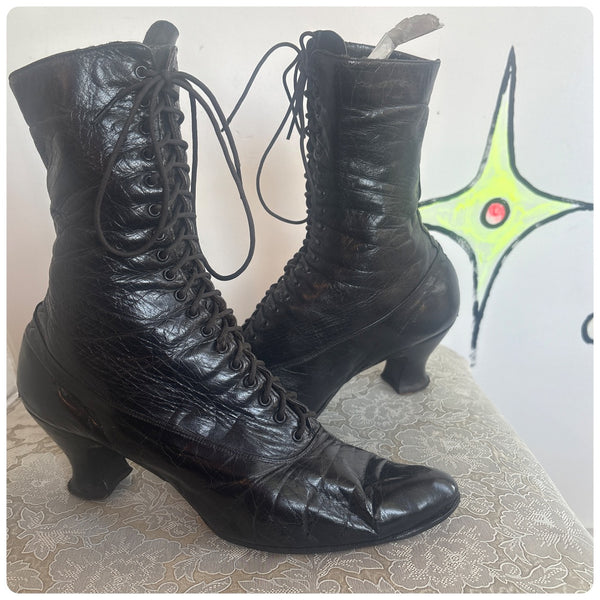 Antique Edwardian Black Leather Boots – Early 1900s Victorian US Size 5.5–6