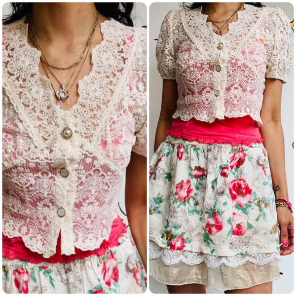 Vintage 90s | Off White Sheer Lace Rococo Babydoll Steampunk Crop Top Blouse | S
