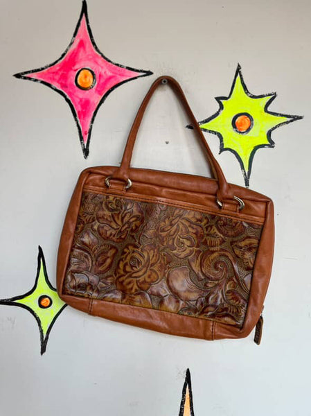 Vintage Boho Western Tooled Leather Satchel | 70s Style Floral Purse Handbag