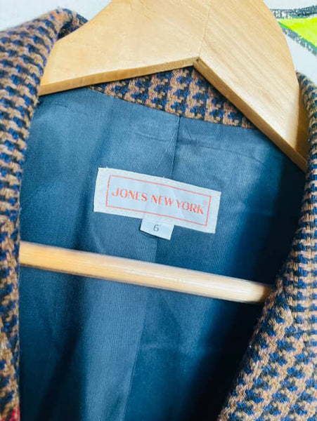 Vintage 80s Brown Houndstooth Blazer Jones New York Wool Look Classic Jacket - 6