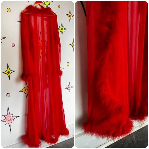 Vintage Red Sheer Feather Trim Old Hollywood Glam Vamp Robe Kimono