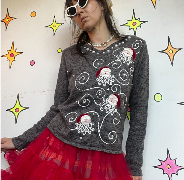 Vintage Santa Christmas Sweater | Ugly Tacky Beaded Holiday Pullover Small