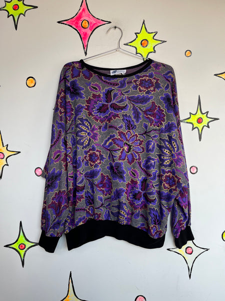 Vintage 80s 90s Purple Boho Fairy Grunge Digital Floral Batwing Sweater - XL