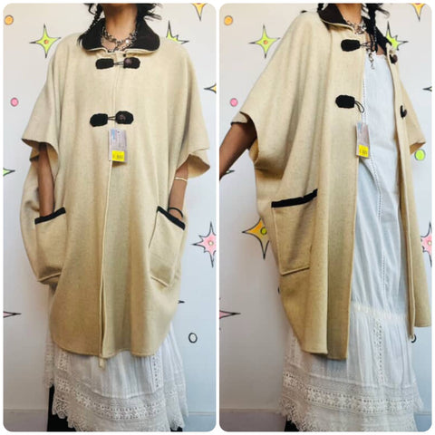 Vintage Tan Wool Cape Poncho Shawl w/ Toggle Buttons Corduroy Collar Unisex OS