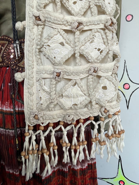 Vintage 80s 90s Off-White Silk Crochet Fringe Beaded Western Boho Vest M