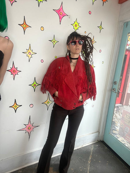 Vintage Red Suede Jacket 80s Cropped Fringe Leather Western Grunge L XL